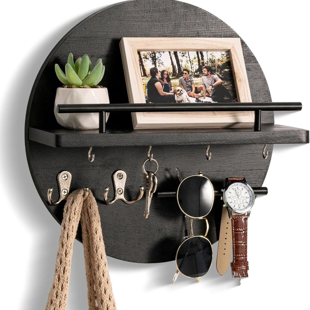 Round Key Holder | Rail Shelf, Small Hooks, Lower Bar