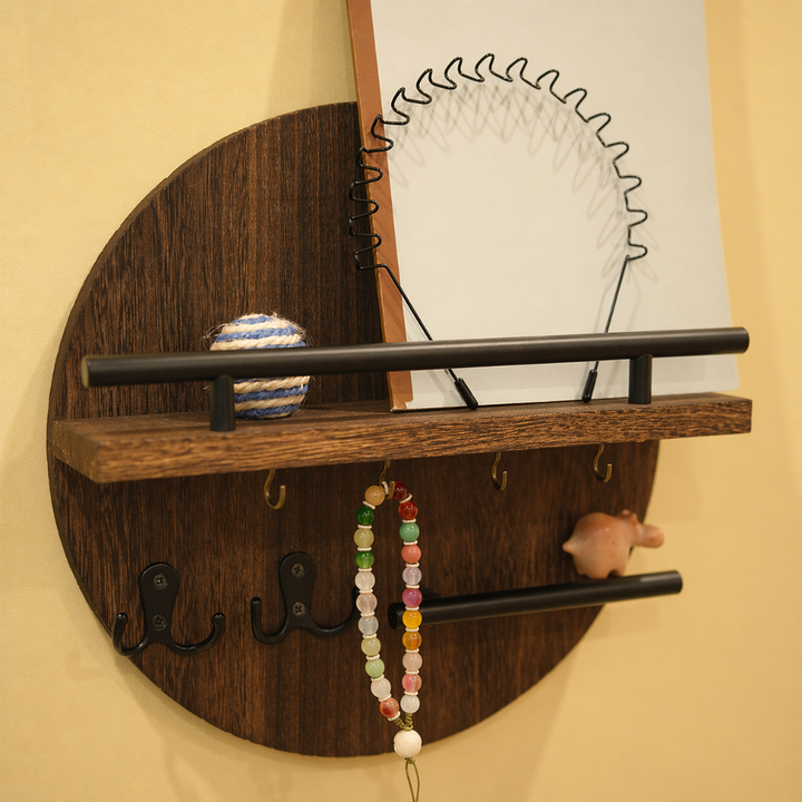 Round Key Holder | Rail Shelf, Small Hooks, Lower Bar