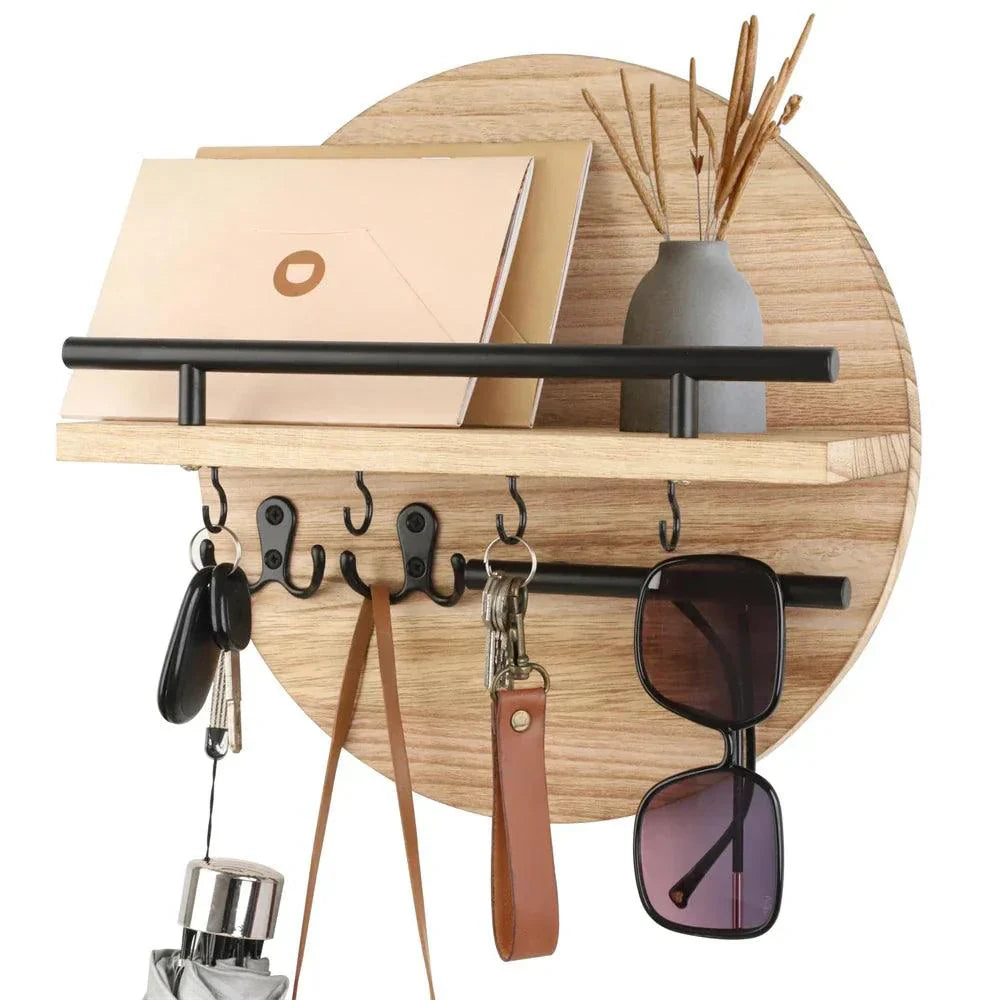 Round Key Holder | Rail Shelf, Small Hooks, Lower Bar