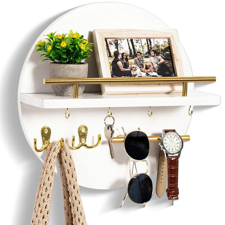 Round Key Holder | Rail Shelf, Small Hooks, Lower Bar