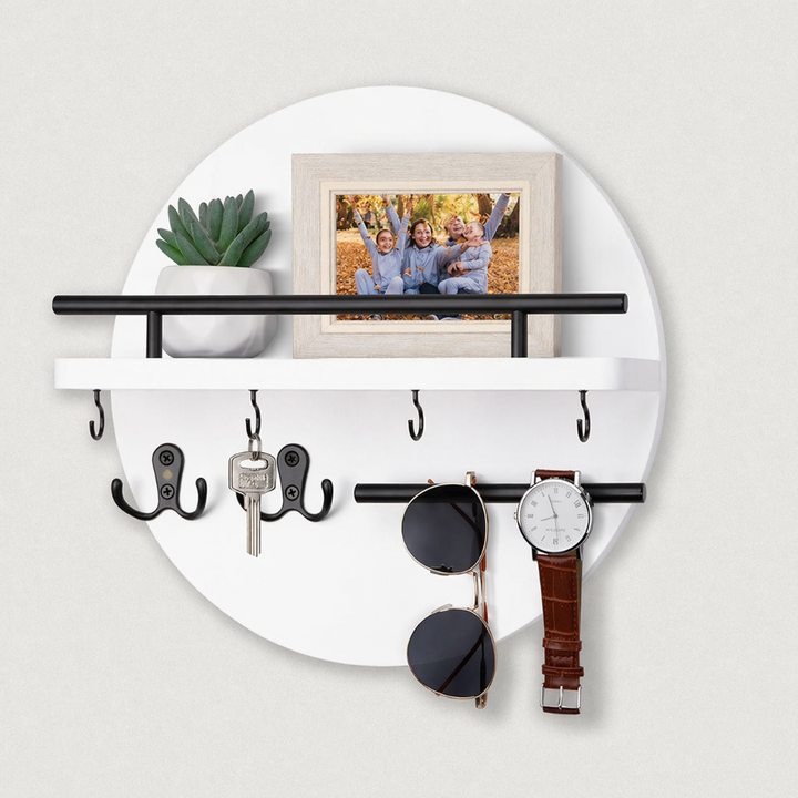 Round Key Holder | Rail Shelf, Small Hooks, Lower Bar