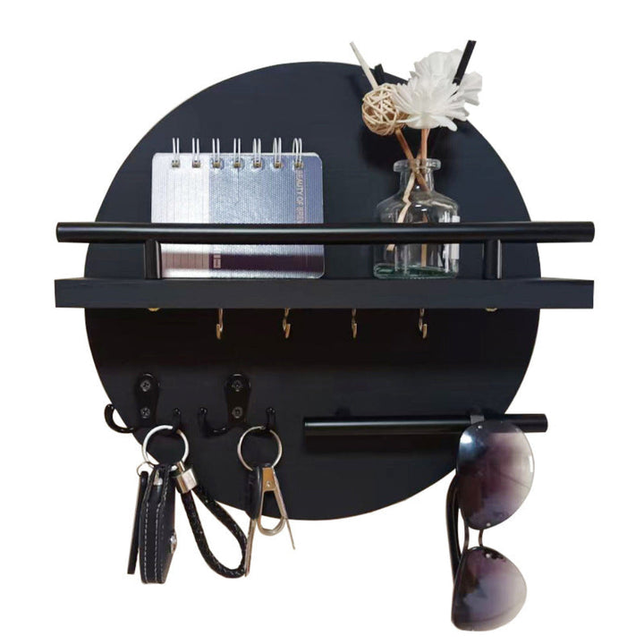 Round Key Holder | Rail Shelf, Small Hooks, Lower Bar
