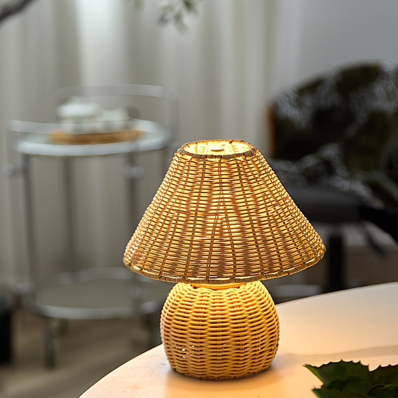 Round Woven Bamboo Accent Lamp USB Powered Push Button
