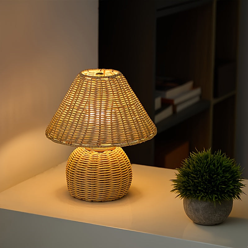 Round Woven Bamboo Accent Lamp USB Powered Push Button