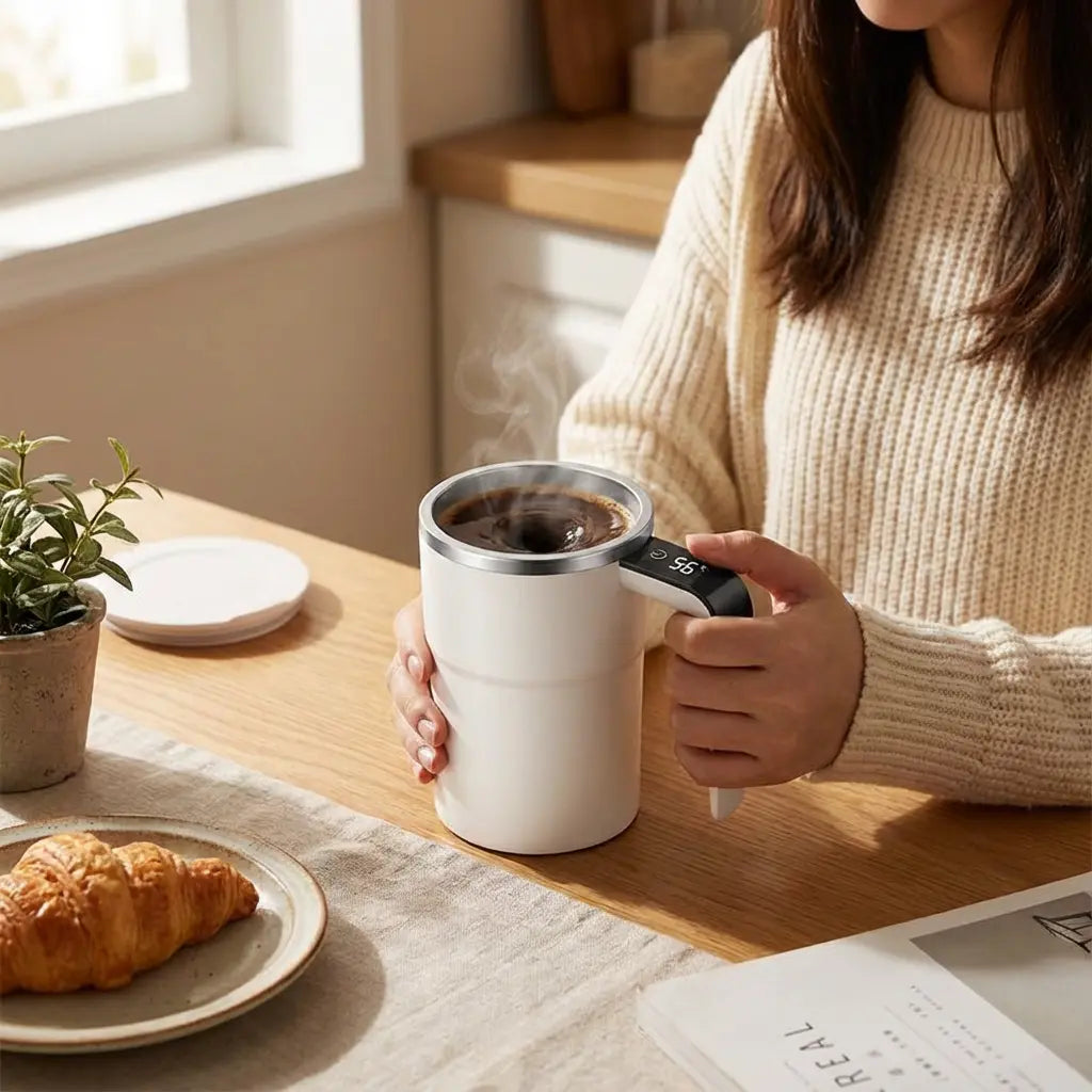 Self-Stirring Coffee Cup Zorenza | LED Temperature Display | 380 ml USB Rechargeable Stainless Steel Mug for Home Office