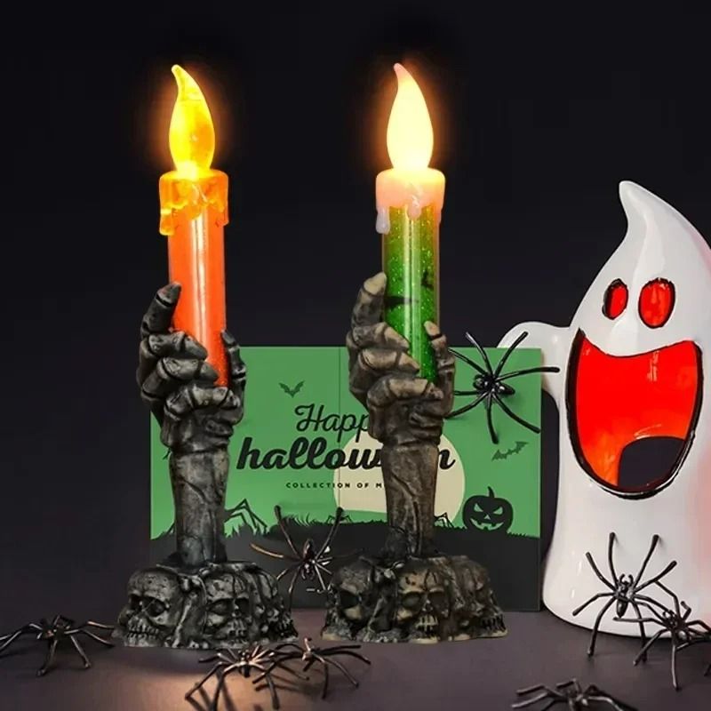 Skeleton Hand Candle Light Halloween Decoration | Flameless Flickering Flame | Battery-Powered Spooky Prop for Parties