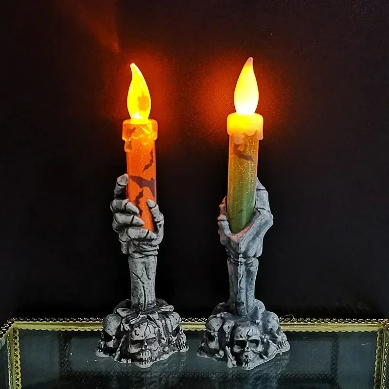 Skeleton Hand Candle Light Halloween Decoration | Flameless Flickering Flame | Battery-Powered Spooky Prop for Parties