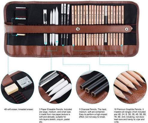 Sketching Set 29 Pieces | Graphite & Charcoal Pencils with Blending Stumps | Portable Canvas Roll Storage for Travel