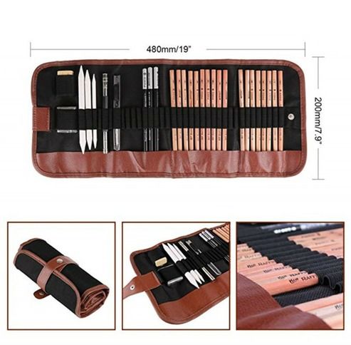 Sketching Set 29 Pieces | Graphite &amp; Charcoal Pencils with Blending Stumps | Portable Canvas Roll Storage for Travel
