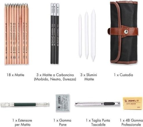 Sketching Set 29 Pieces | Graphite &amp; Charcoal Pencils with Blending Stumps | Portable Canvas Roll Storage for Travel
