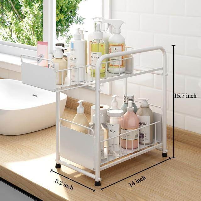 Sliding Storage Organizer 2-Tier Metal Frame Carbon Steel with Mesh Baskets