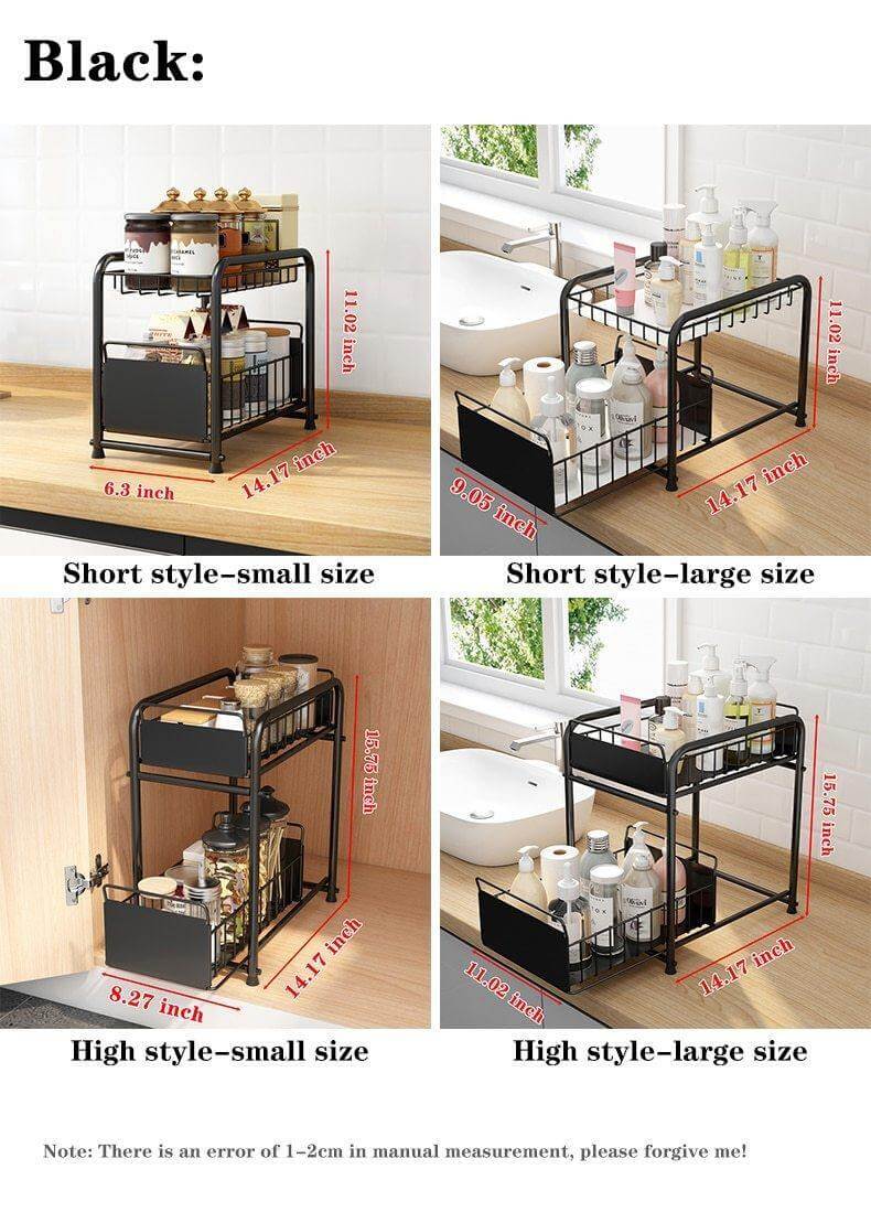 Sliding Storage Organizer 2-Tier Metal Frame Carbon Steel with Mesh Baskets