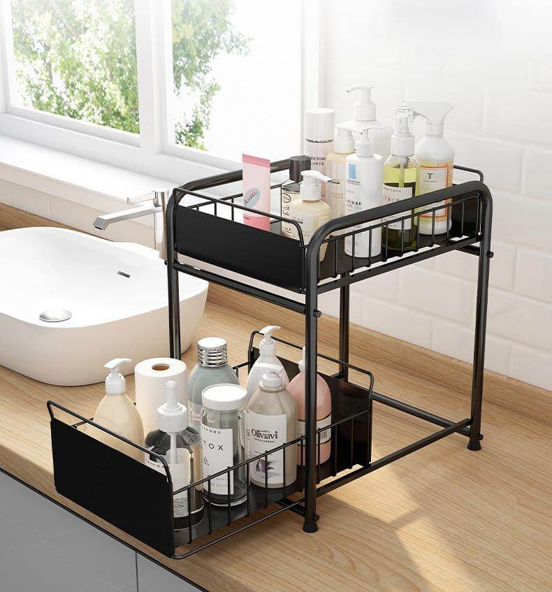 Sliding Storage Organizer 2-Tier Metal Frame Carbon Steel with Mesh Baskets