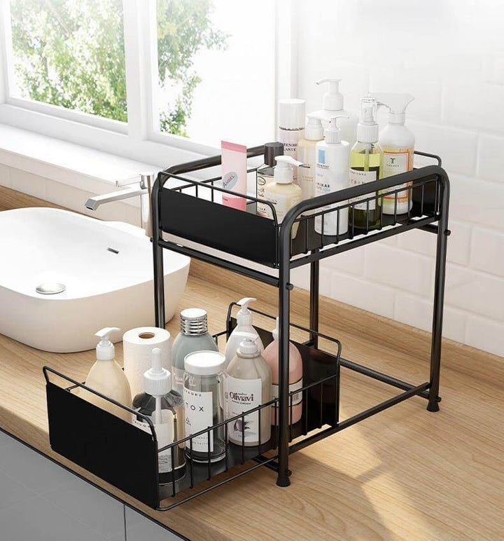 Sliding Storage Organizer 2-Tier Metal Frame Carbon Steel with Mesh Baskets