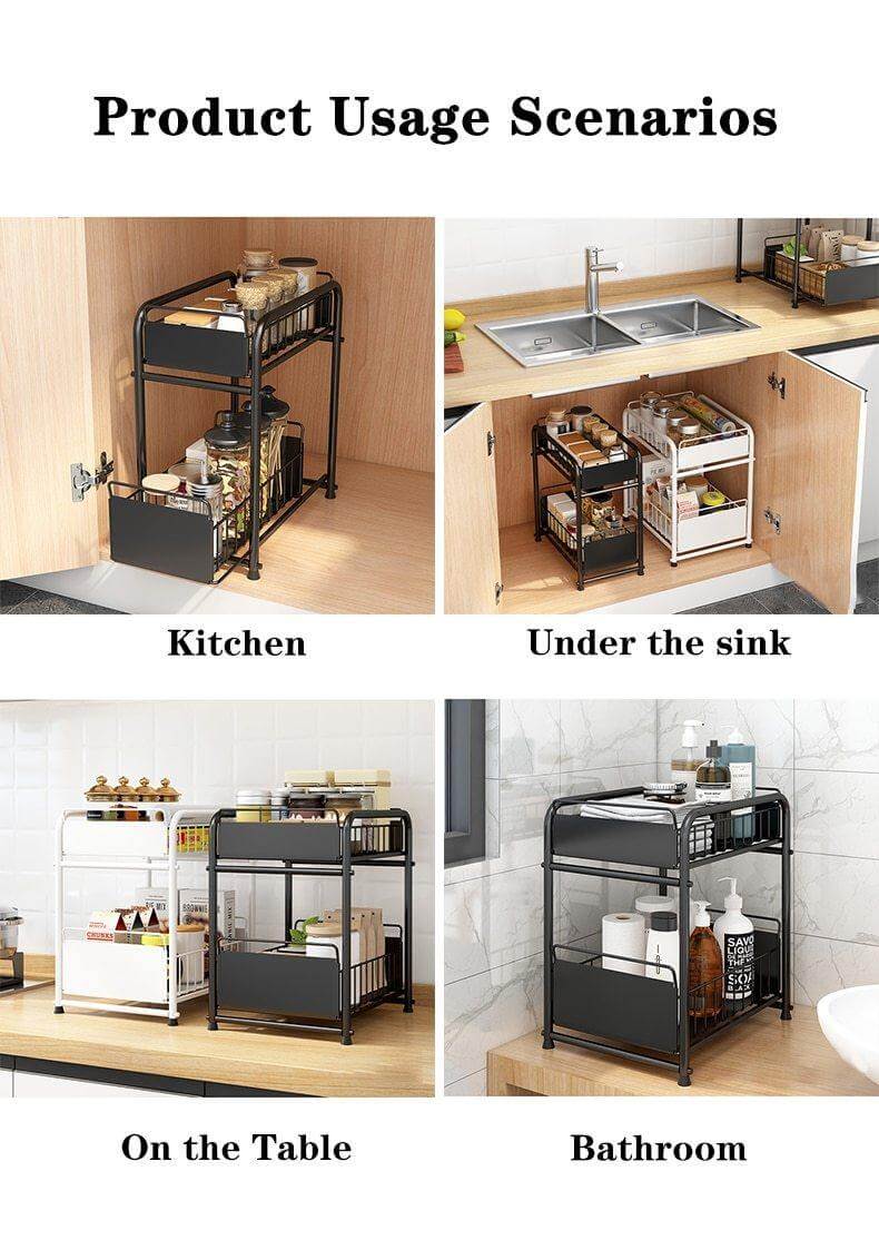 Sliding Storage Organizer 2-Tier Metal Frame Carbon Steel with Mesh Baskets