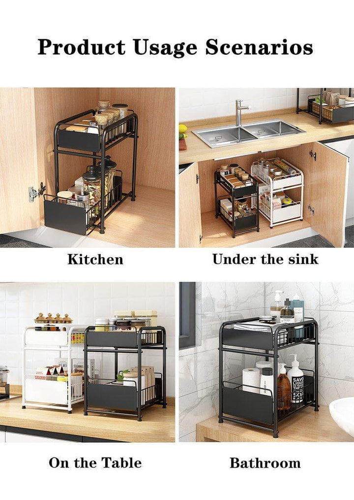 Sliding Storage Organizer 2-Tier Metal Frame Carbon Steel with Mesh Baskets