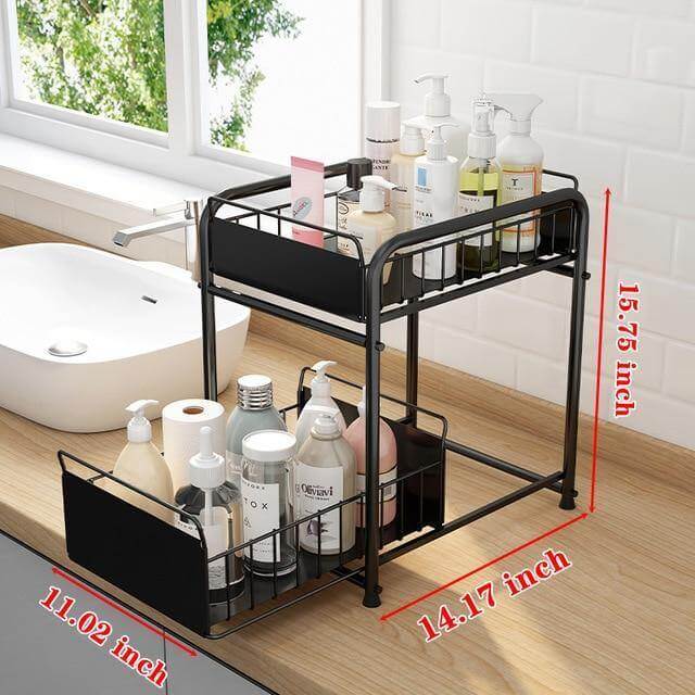 Sliding Storage Organizer 2-Tier Metal Frame Carbon Steel with Mesh Baskets