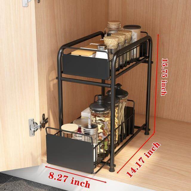Sliding Storage Organizer 2-Tier Metal Frame Carbon Steel with Mesh Baskets