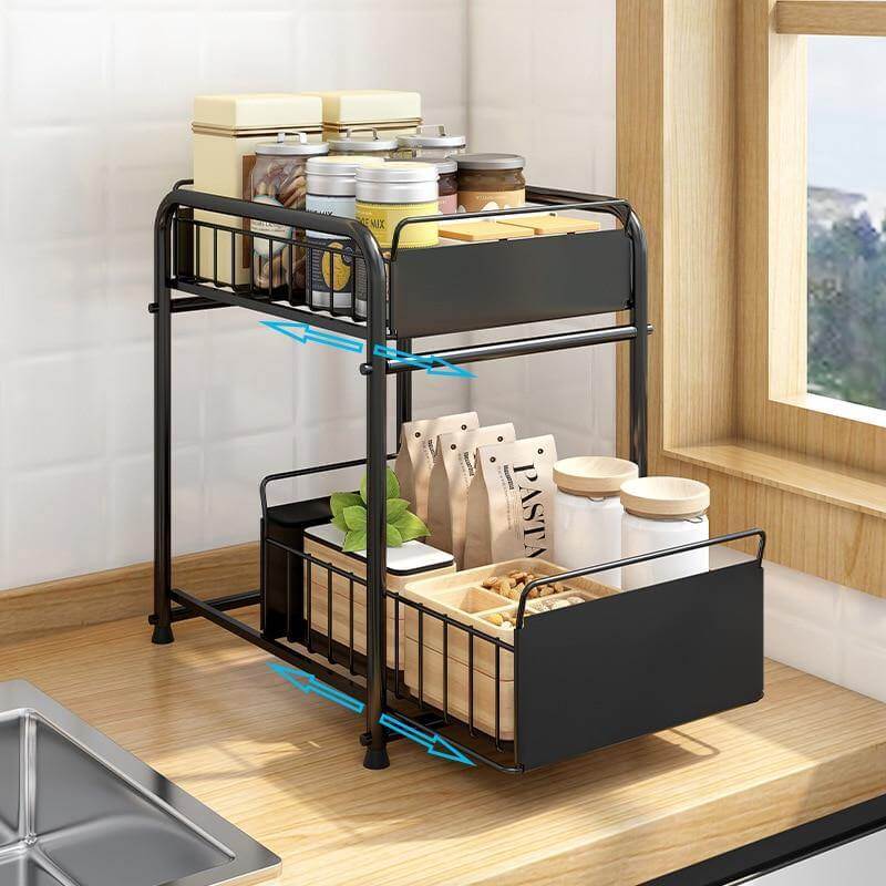 Sliding Storage Organizer 2-Tier Metal Frame Carbon Steel with Mesh Baskets