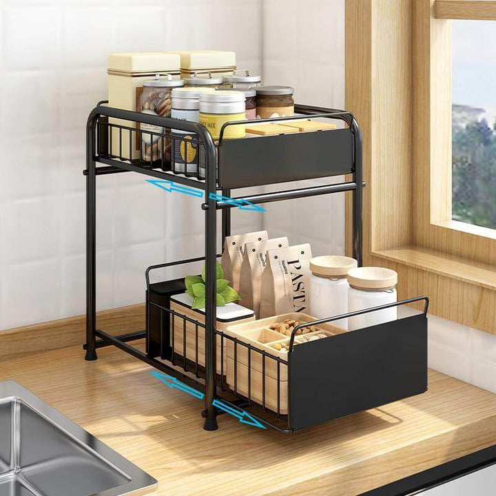 Sliding Storage Organizer 2-Tier Metal Frame Carbon Steel with Mesh Baskets