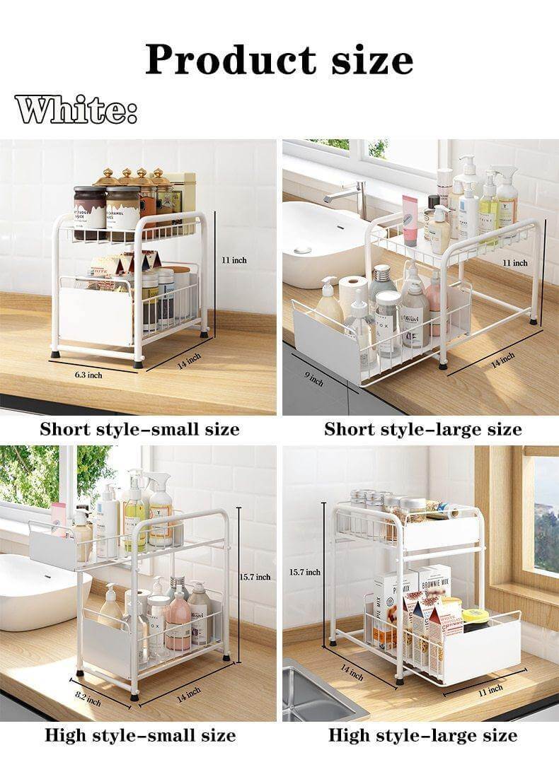 Sliding Storage Organizer 2-Tier Metal Frame Carbon Steel with Mesh Baskets