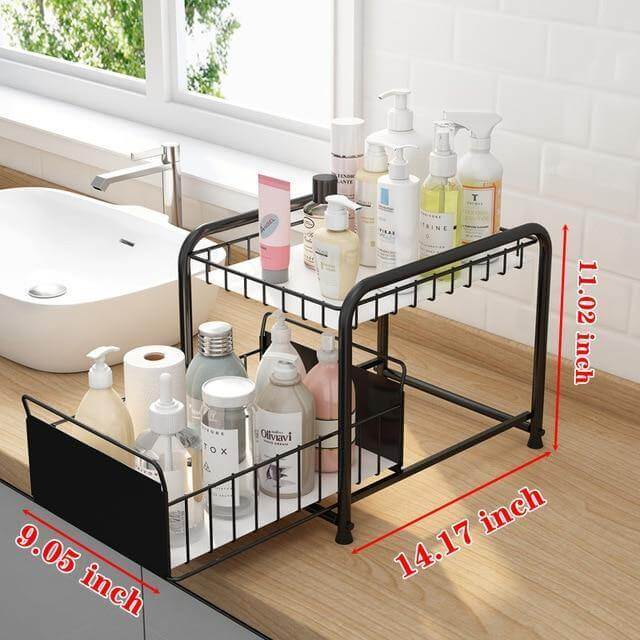 Sliding Storage Organizer 2-Tier Metal Frame Carbon Steel with Mesh Baskets
