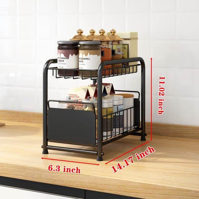Sliding Storage Organizer 2-Tier Metal Frame Carbon Steel with Mesh Baskets