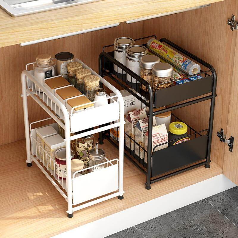 Sliding Storage Organizer 2-Tier Metal Frame Carbon Steel with Mesh Baskets