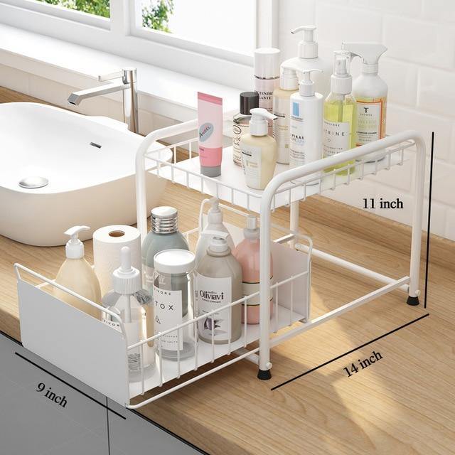Sliding Storage Organizer 2-Tier Metal Frame Carbon Steel with Mesh Baskets