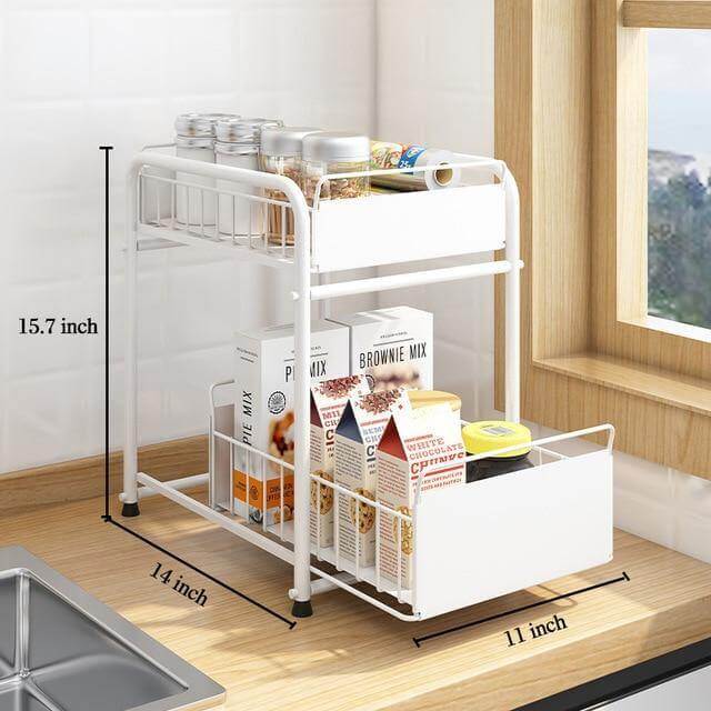 Sliding Storage Organizer 2-Tier Metal Frame Carbon Steel with Mesh Baskets