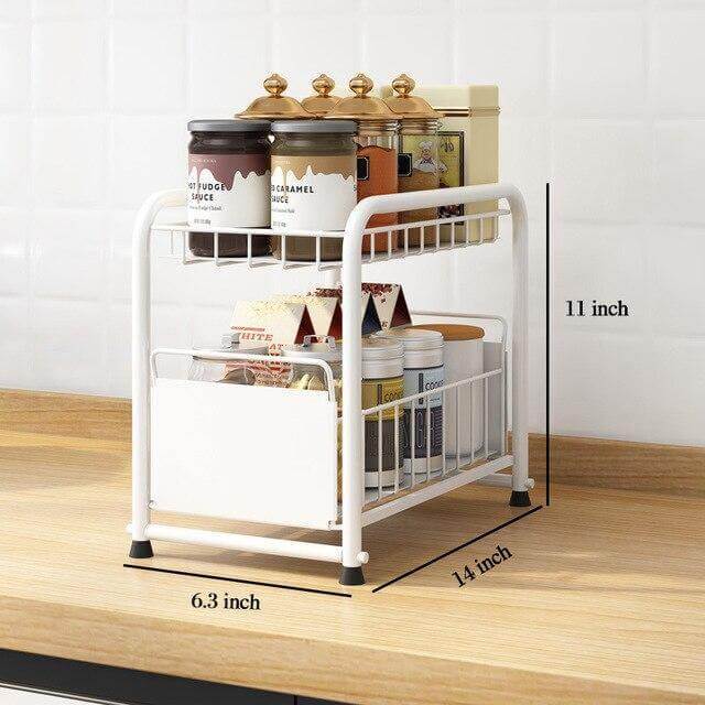 Sliding Storage Organizer 2-Tier Metal Frame Carbon Steel with Mesh Baskets
