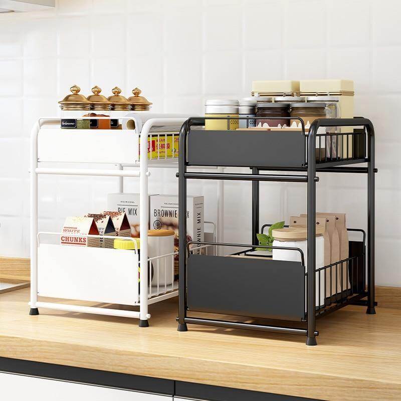 Sliding Storage Organizer 2-Tier Metal Frame Carbon Steel with Mesh Baskets