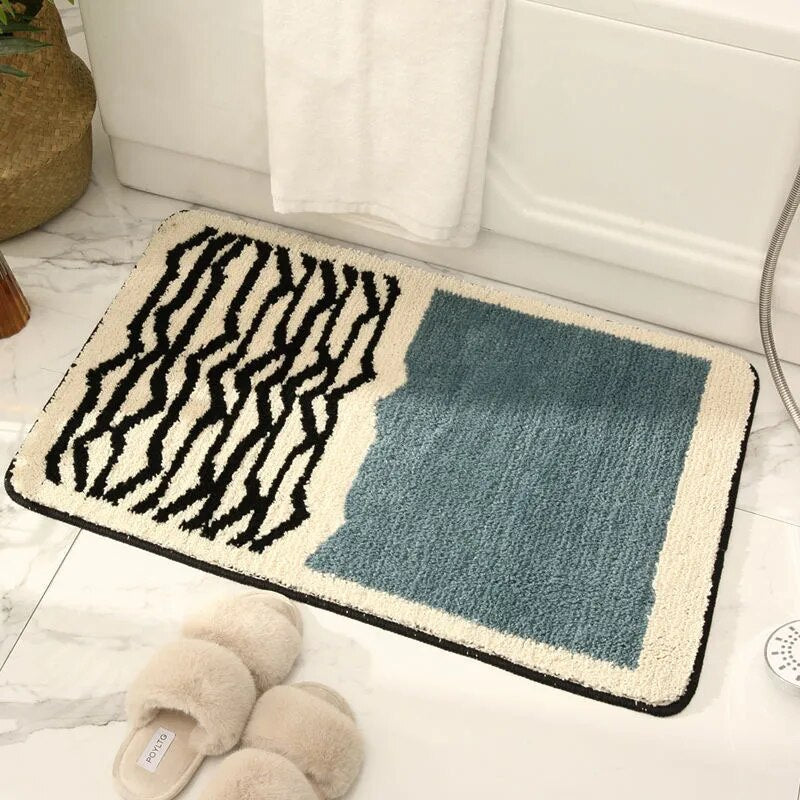 Small Bathroom Rug | Tufted Abstract Bath Mat in Cream and Black for Compact Bathrooms