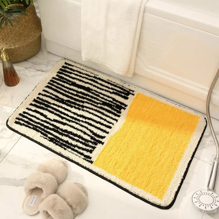 Small Bathroom Rug | Tufted Abstract Bath Mat in Cream and Black for Compact Bathrooms