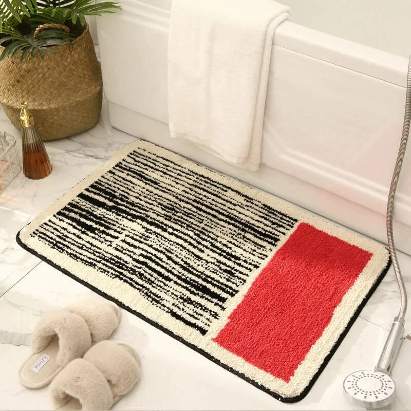 Small Bathroom Rug | Tufted Abstract Bath Mat in Cream and Black for Compact Bathrooms
