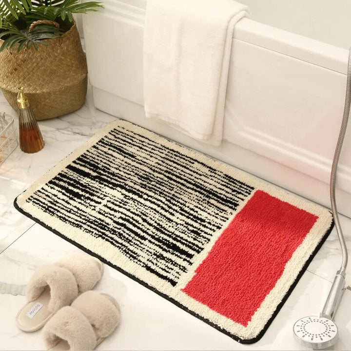 Small Bathroom Rug | Tufted Abstract Bath Mat in Cream and Black for Compact Bathrooms