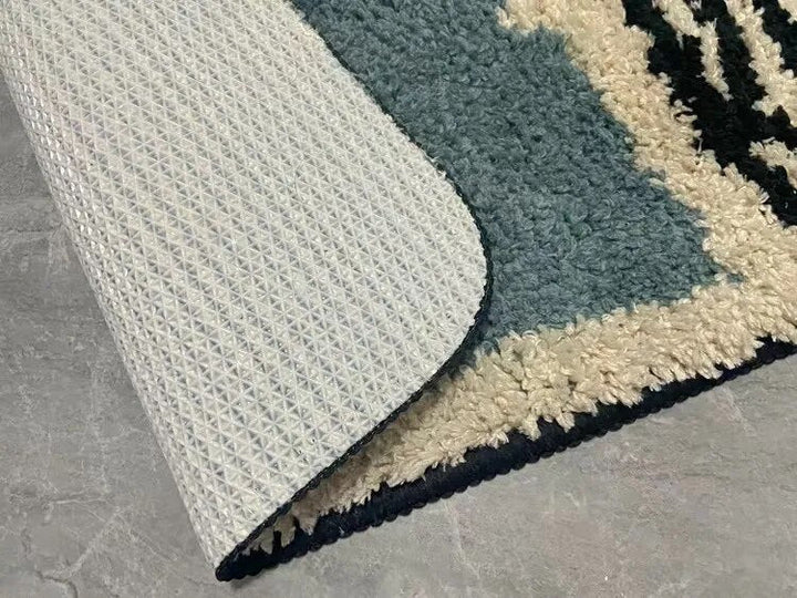Small Bathroom Rug | Tufted Abstract Bath Mat in Cream and Black for Compact Bathrooms