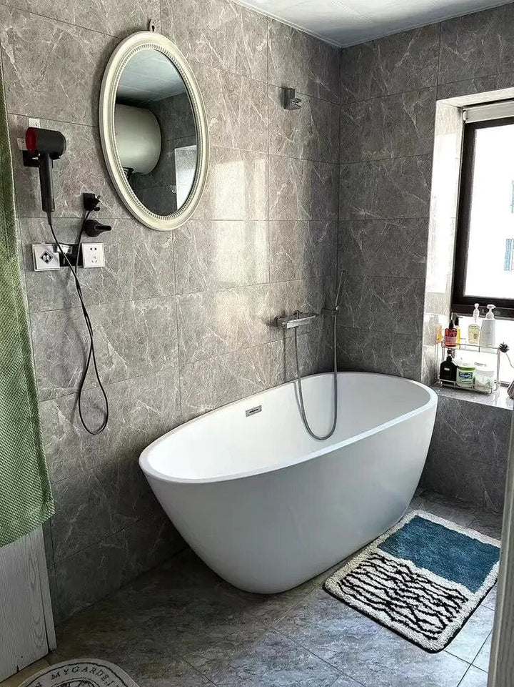 Small Bathroom Rug | Tufted Abstract Bath Mat in Cream and Black for Compact Bathrooms