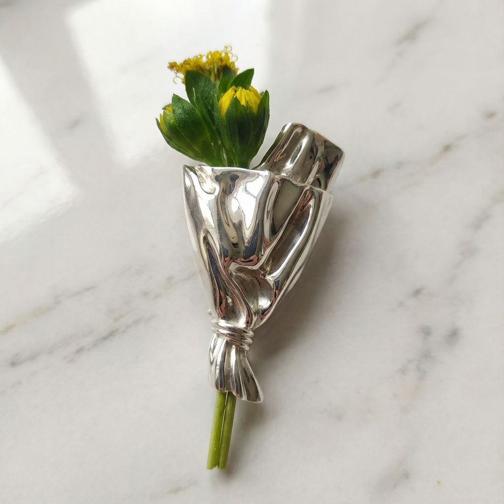 Small Vase Brooch Sculpted Polished Floral Bouquet with Fresh Stem Opening