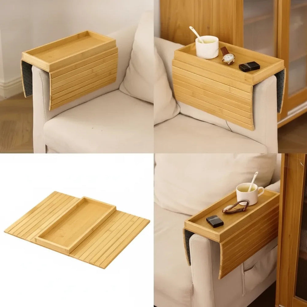 Sofa Armrest Tray | Flexible Slatted Bamboo Tray with Raised Lip and Non-Slip Backing