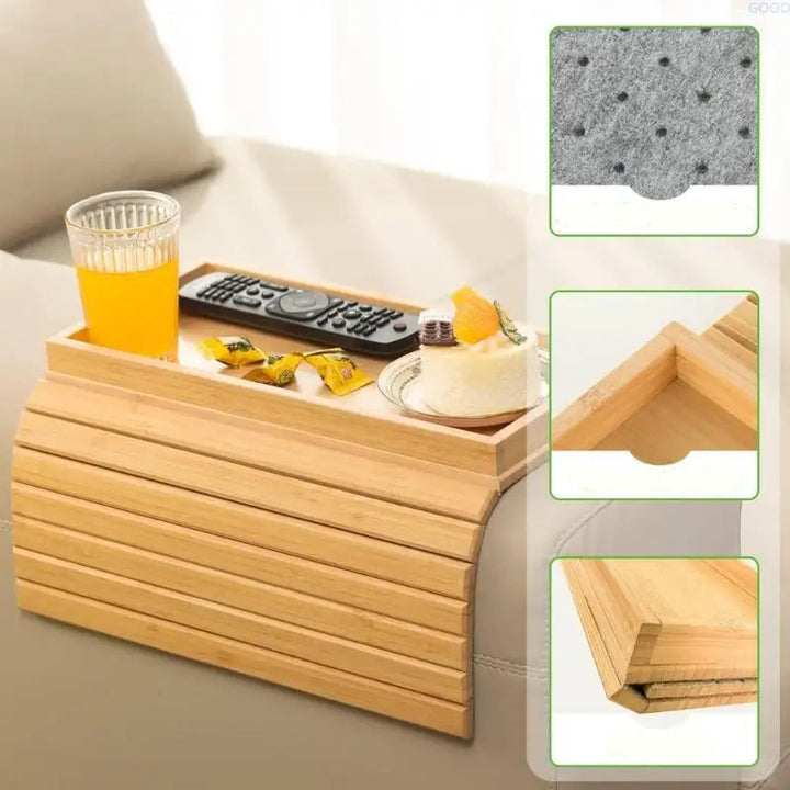Sofa Armrest Tray | Flexible Slatted Bamboo Tray with Raised Lip and Non-Slip Backing