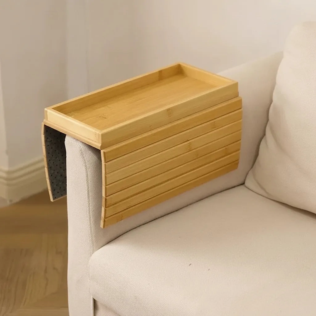 Sofa Armrest Tray | Flexible Slatted Bamboo Tray with Raised Lip and Non-Slip Backing