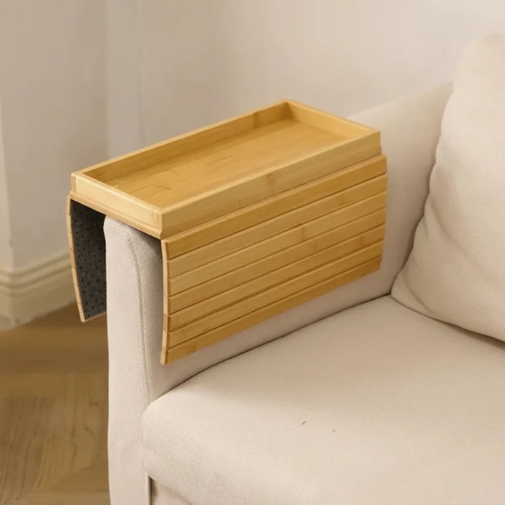Sofa Armrest Tray | Flexible Slatted Bamboo Tray with Raised Lip and Non-Slip Backing