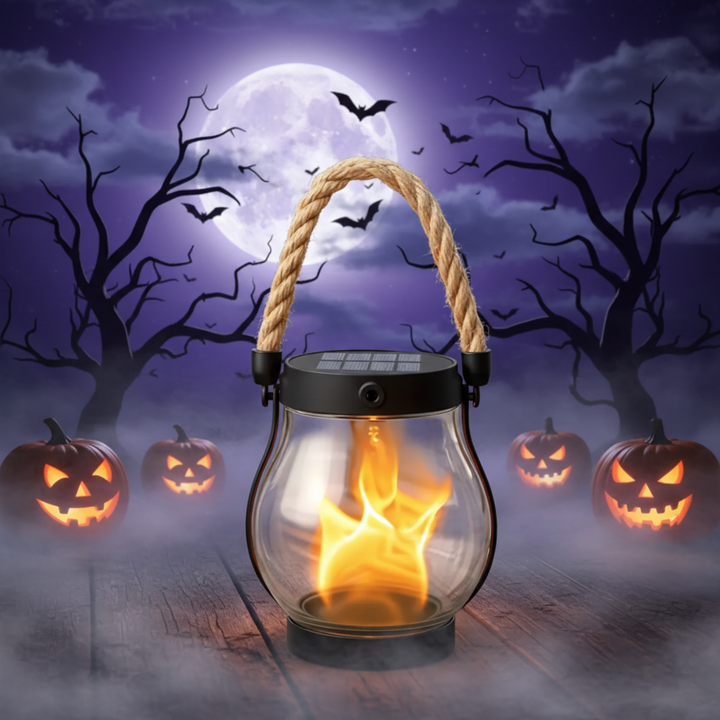 Solar Hanging Lantern Halloween | Flickering Flame LED, Clear Glass Jar | USB-C Rechargeable, Weather-Resistant