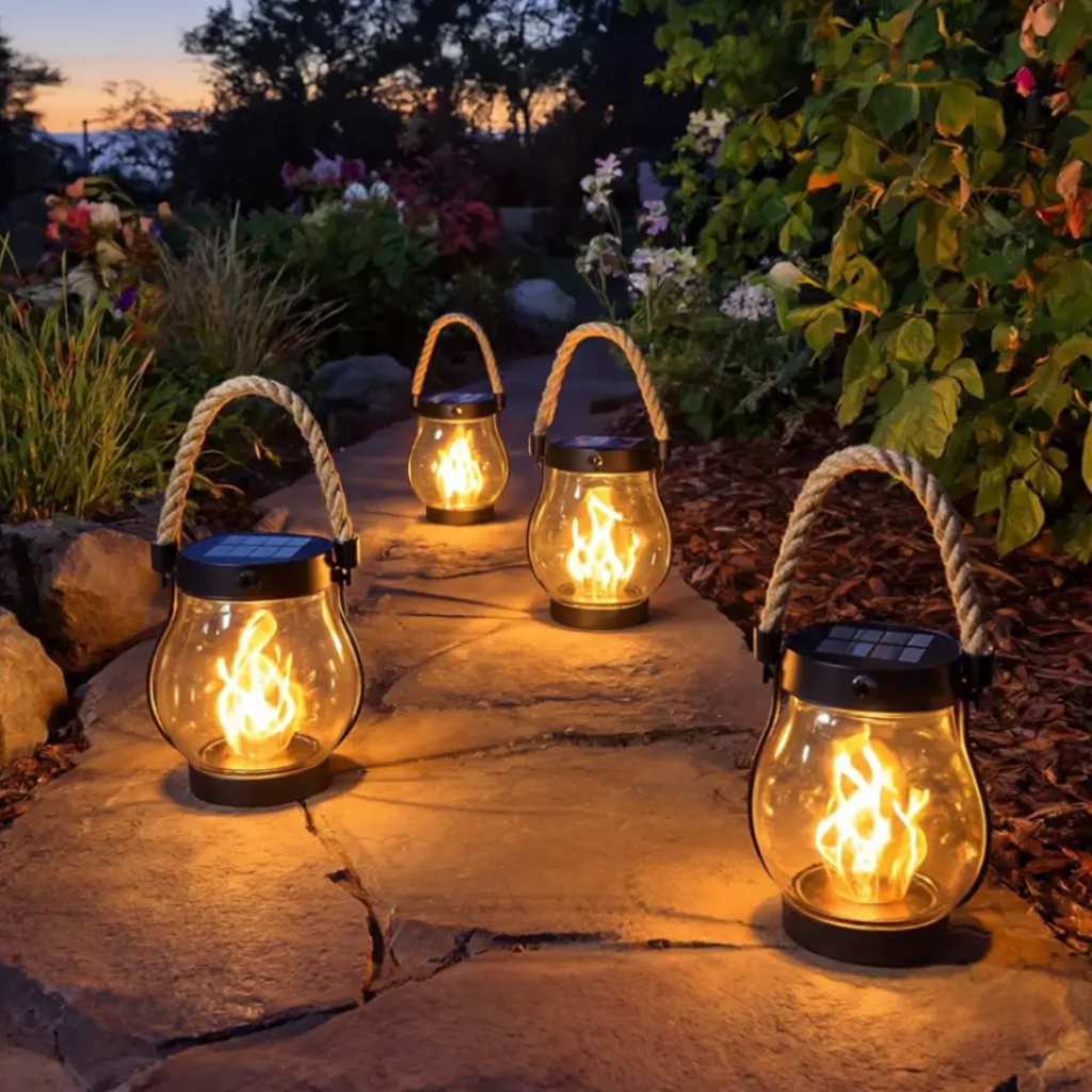 Solar Hanging Lantern Halloween | Flickering Flame LED, Clear Glass Jar | USB-C Rechargeable, Weather-Resistant