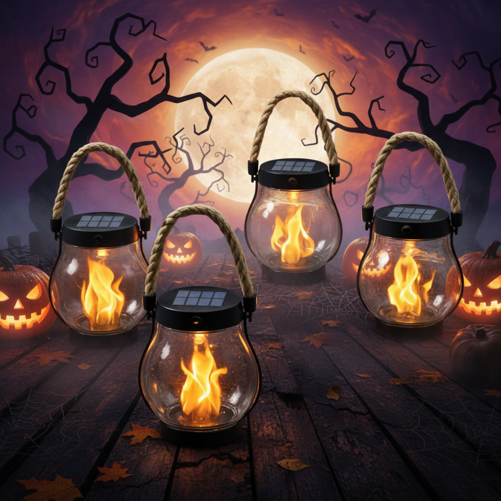 Solar Hanging Lantern Halloween | Flickering Flame LED, Clear Glass Jar | USB-C Rechargeable, Weather-Resistant