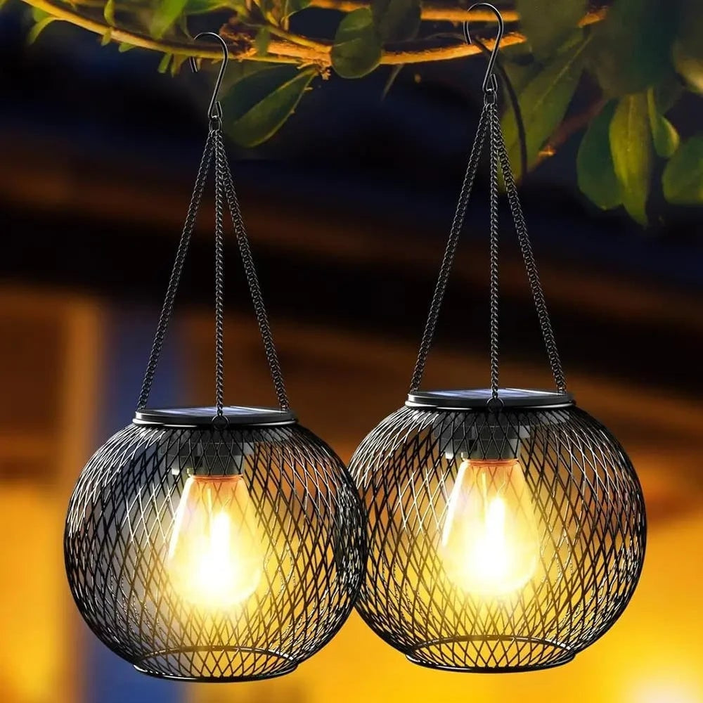 Solar Hanging Lantern for Halloween | Black Wire Mesh Globe, Warm LED | Weather-Resistant, Solar Powered, No Wiring