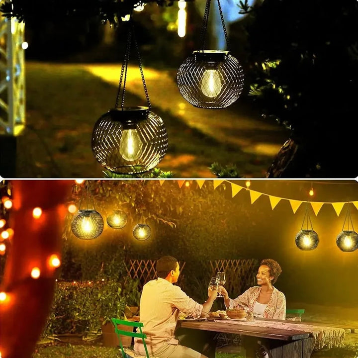 Solar Hanging Lantern for Halloween | Black Wire Mesh Globe, Warm LED | Weather-Resistant, Solar Powered, No Wiring