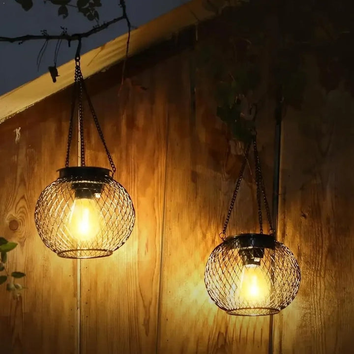 Solar Hanging Lantern for Halloween | Black Wire Mesh Globe, Warm LED | Weather-Resistant, Solar Powered, No Wiring