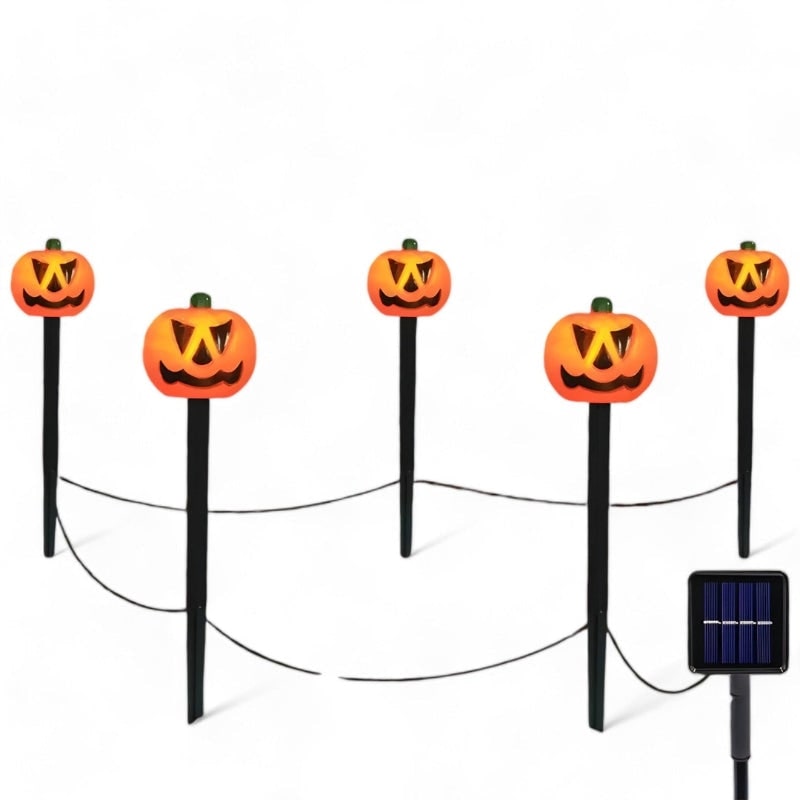 Solar Pathway Lights Pumpkin Jack-O-Lantern | Set of 5 Stakes | Weatherproof, Auto-On LED Halloween Decoration